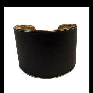 Rich Brown Leather & Polished Gold Tone Bold Wide Cuff Bracelet
